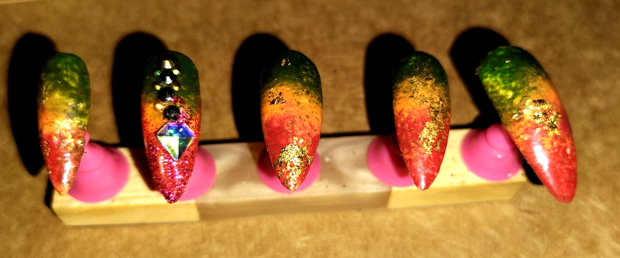 KFN ​Press On Nails| Rasta Ombre Almond Gel Glass Finish Gold Swarovski Design