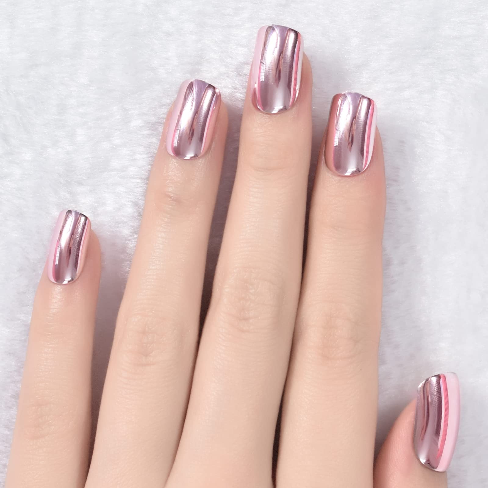 Metallic Mirror Press On Nails Light Pink False Nails Squoval Medium Lenght N…
