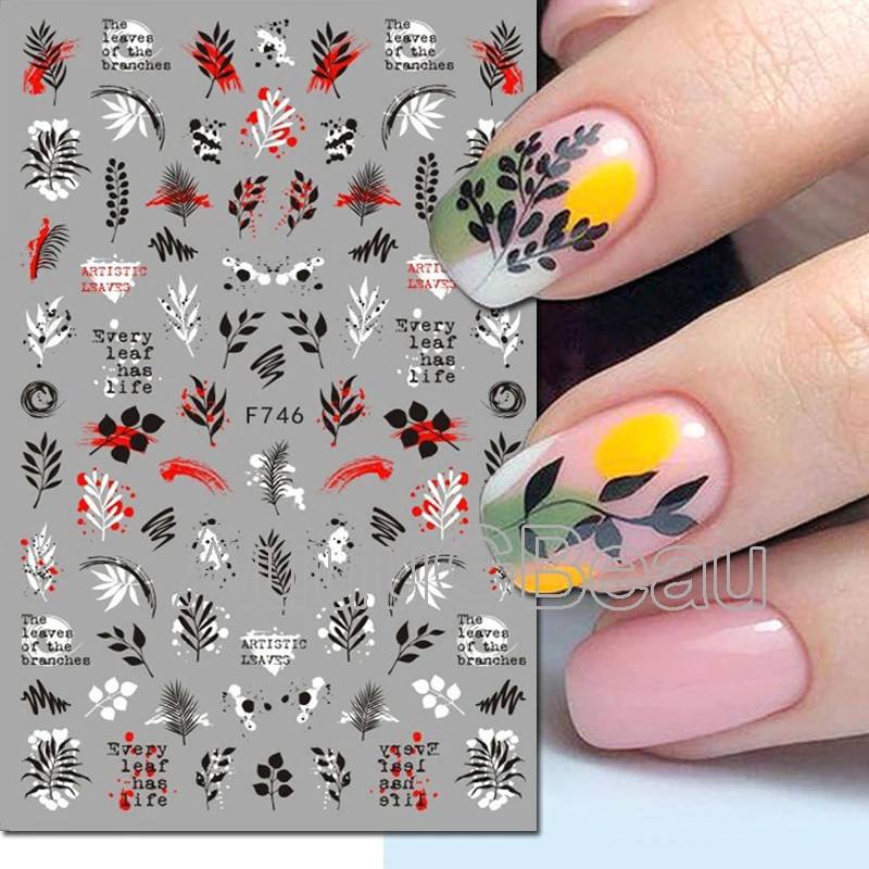 3D Nail Art Decals Geometric Lines Coconut Tree Palms Leaves Flowers Adhesive Sl