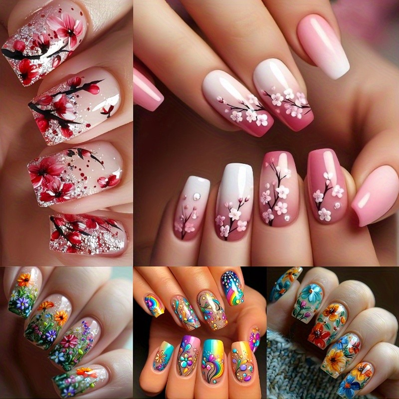 120pcs (5 Pack) Fashion Rainbow Decor Press On Nails Colorful Nail Art Festival