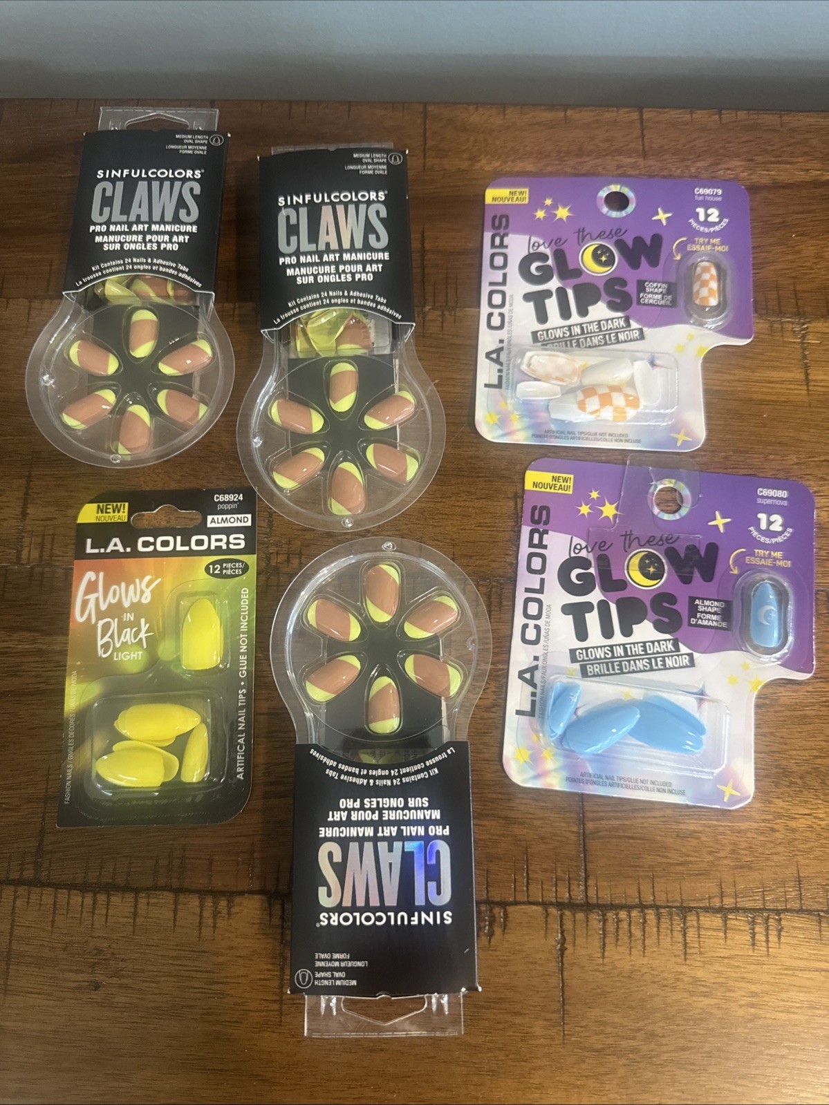 Sinfulcolors Yellow Green Blue Glow in the Dark Press On Nails – Lot of 6 Packs