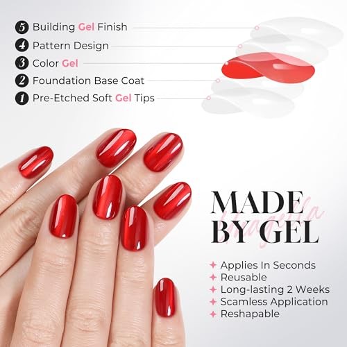 32Pcs Soft Gel Press on Nails – 16 Sizes Red Cat Eye Oval Round Velvet Merlot