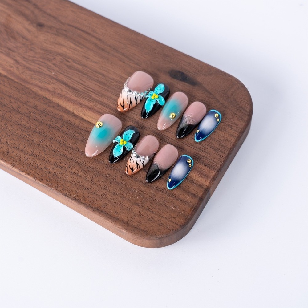 10pcs Handcrafted Blue Ombre Press On Nails Medium Almond Reusable Nails Gift