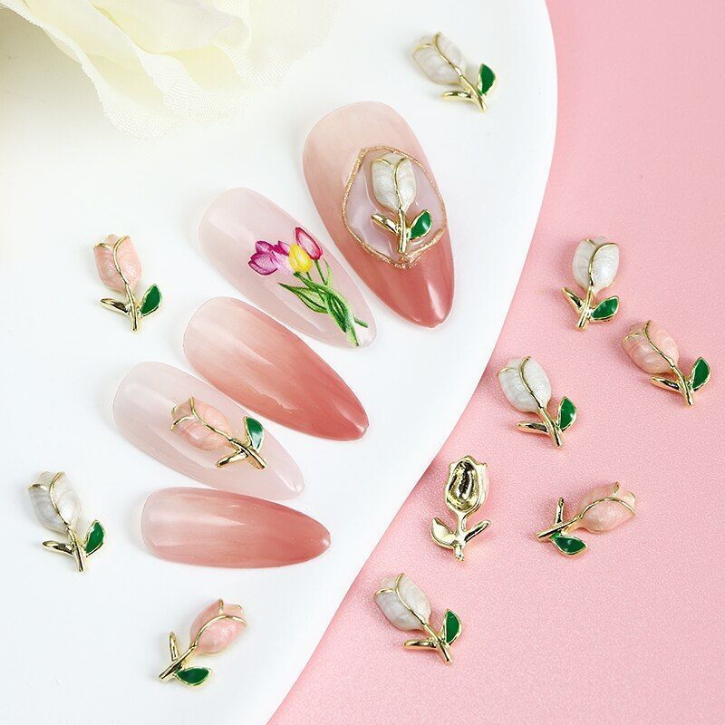 5PCS White Pink Tulip Flower Nail Art Case Charm 3D Metal Alloy Decoration NS54