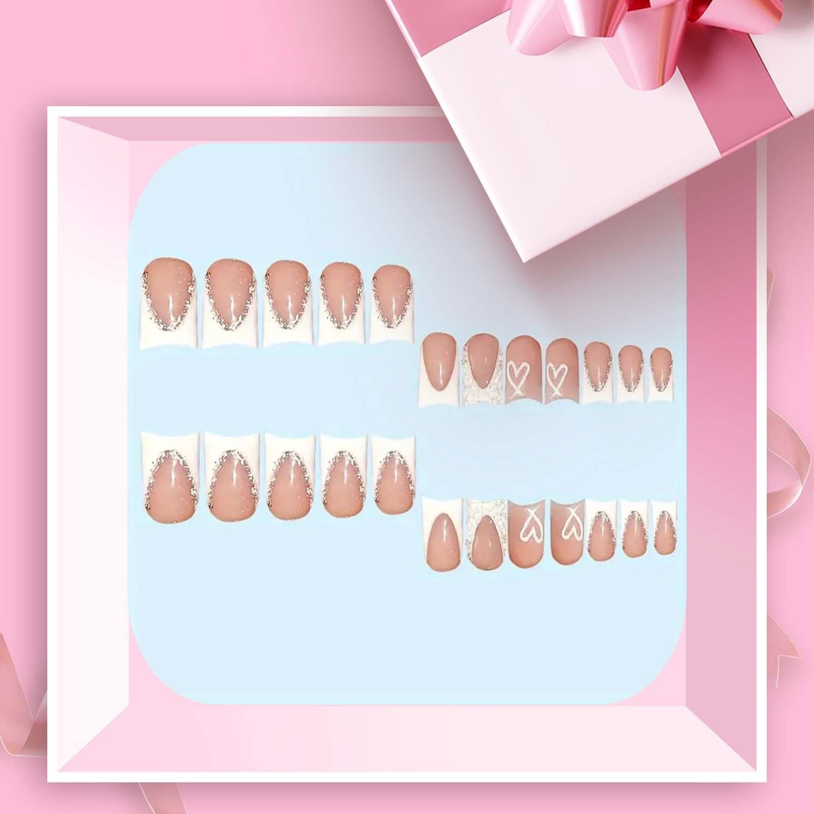 Nude Square Press on Nails Short Length,White French Tips Fake Nails with Rhi…