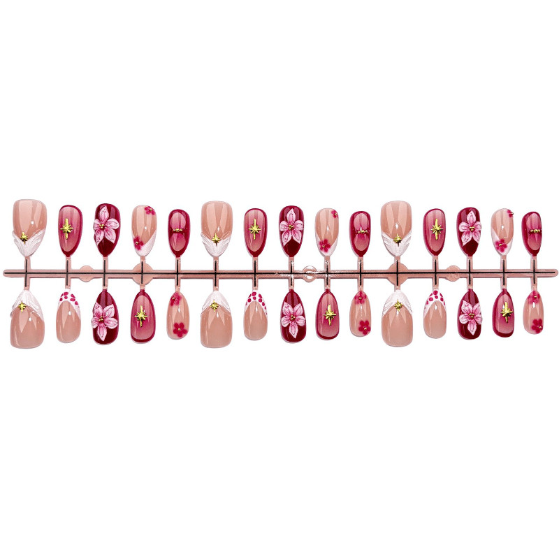 30pcs-Red Pink Ombre Almond Press on Nails 3D Flower Gold Star Rhinestones