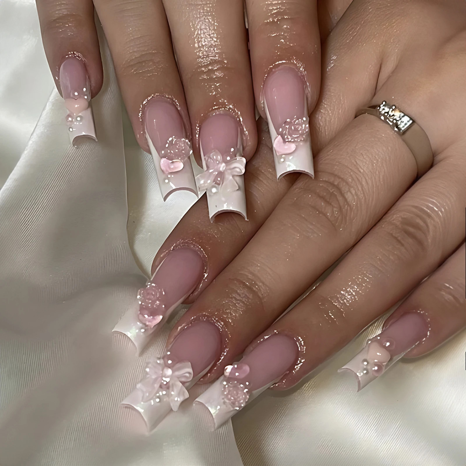 24Pcs French Bow 3D Flower Coffin Ballet Bride Press On Nails