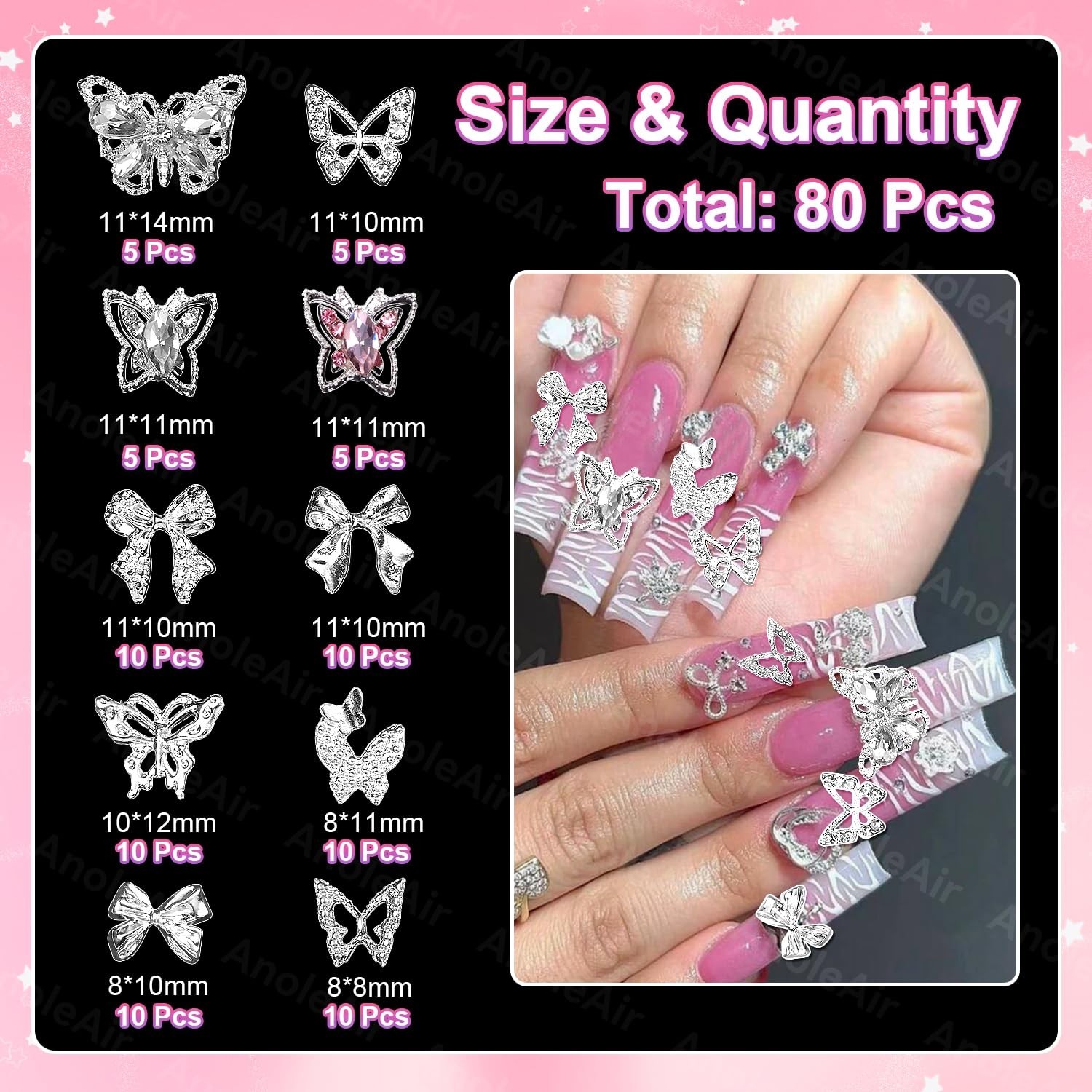 80 Pcs Silver Butterfly Nail Charms and Gems, 3D Pink Color Butterfly COLOR-S2
