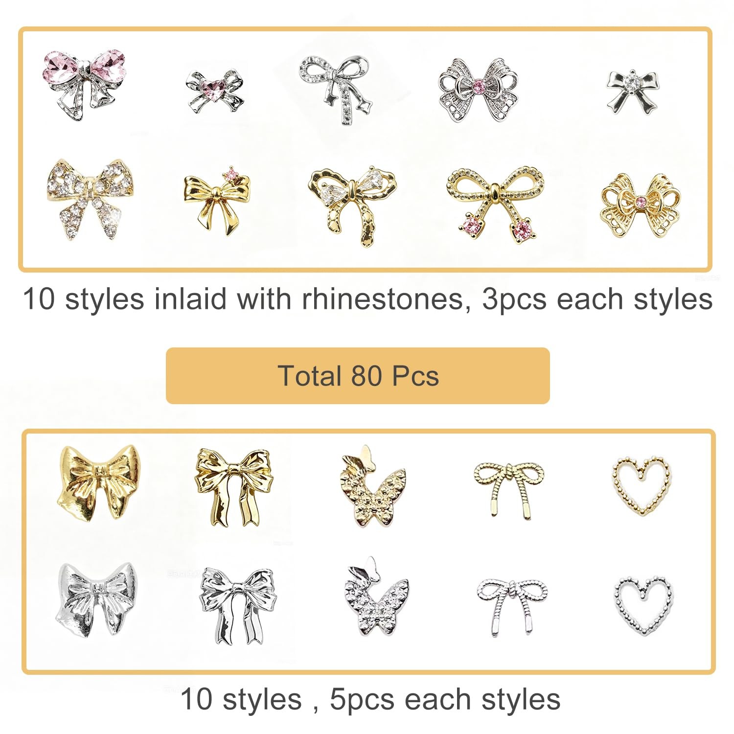 80Pcs Bow Nail Charms Gold Silver Bowknot Nail Art Charm and Gems with Rhines…