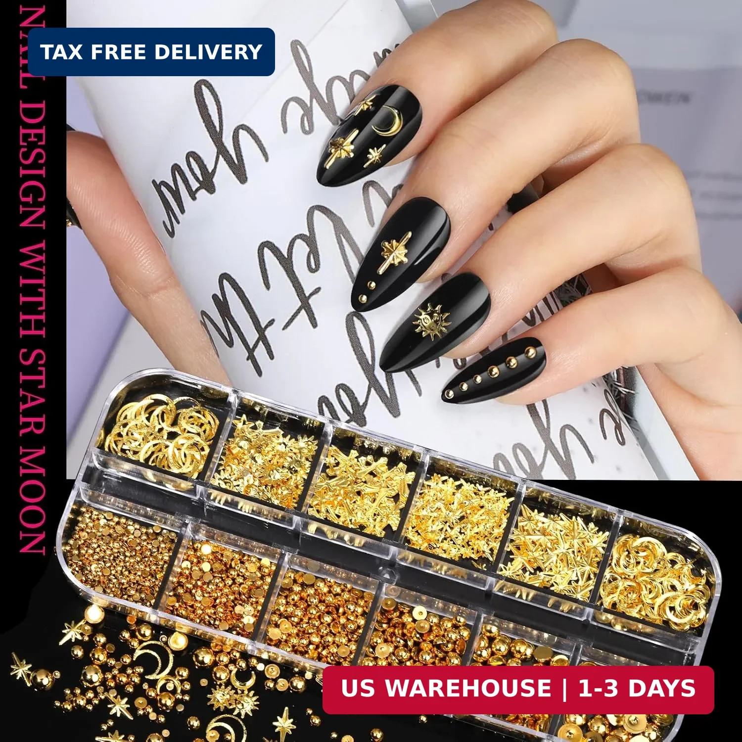 Teenitor Gold Nail Charms with Flatback Nail Pearls, 3D Nail Charms and Gems for