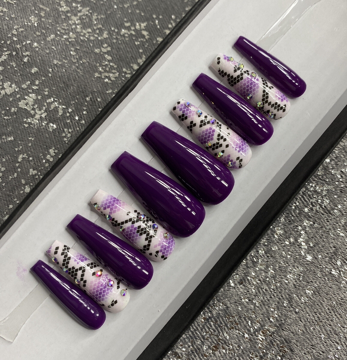 🔥CUSTOM Gel Press On False Nails, Purple w/ BLING 10 set, w/ FULL KIT NEW MED