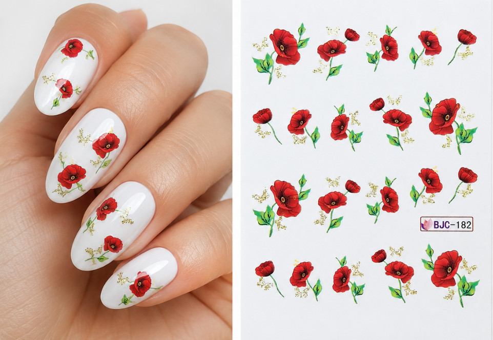 Red Poppy Flower Water Transfer Nail Stickers Spring Floral diy Decals Manicure