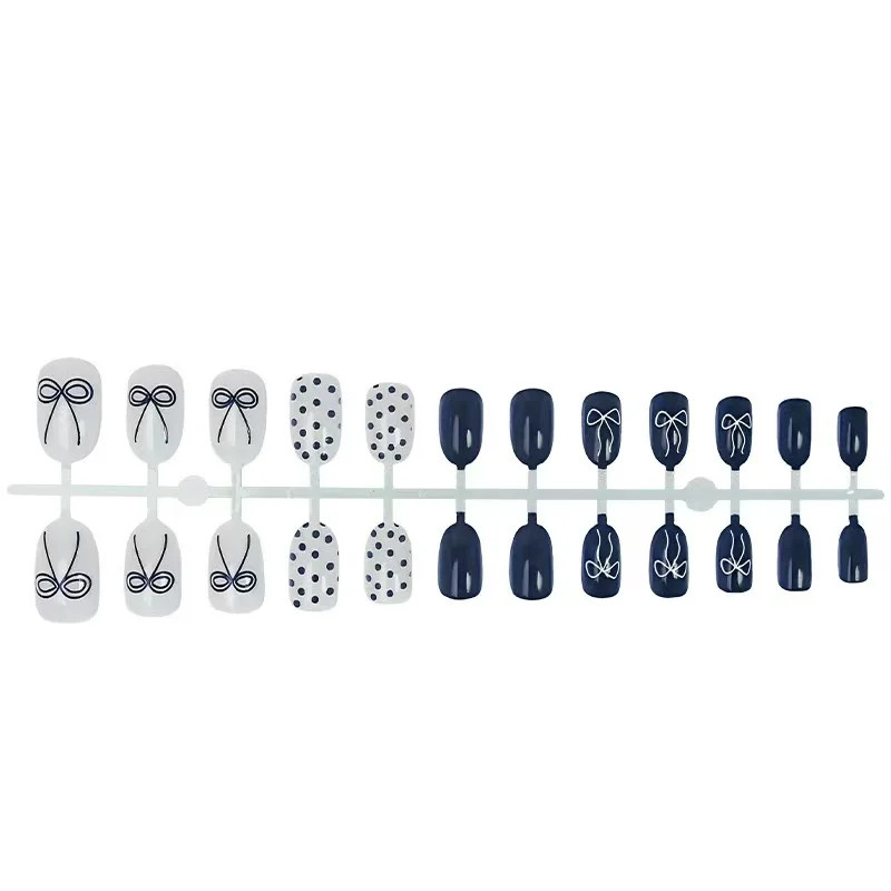 Fashion Press On Nails 24PCS Navy Blue White Polka Dot Bow Oval Fake Artificial