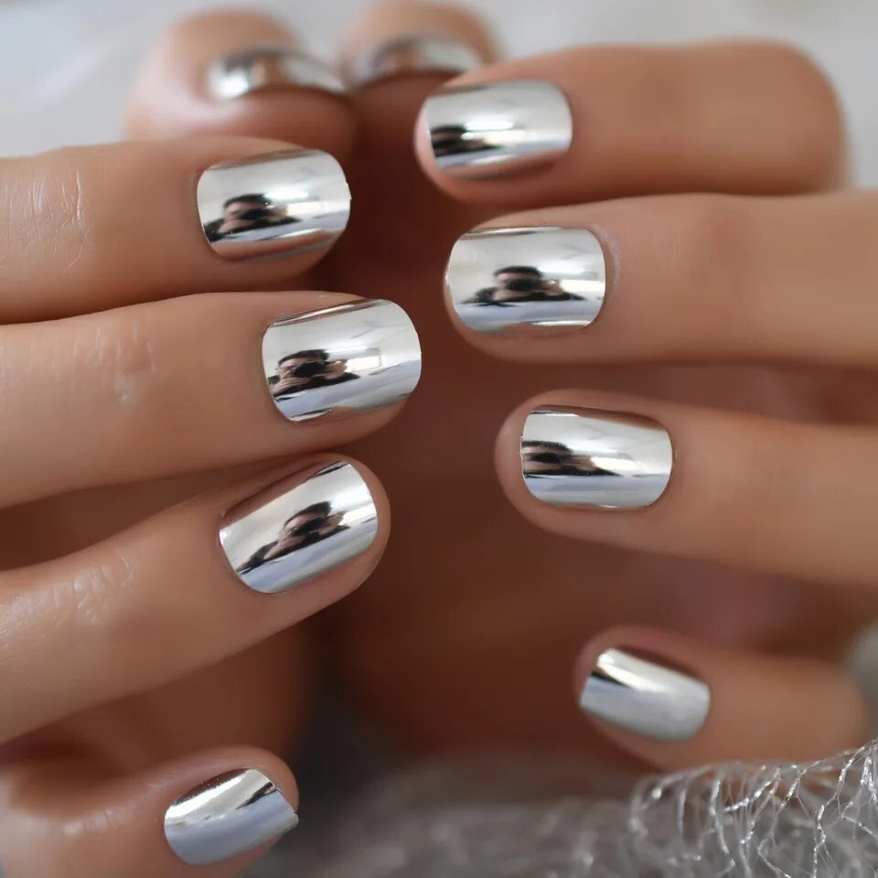 24 Short Silver Chrome Press On Nails Mirror metallic GLUE ON kit reflective