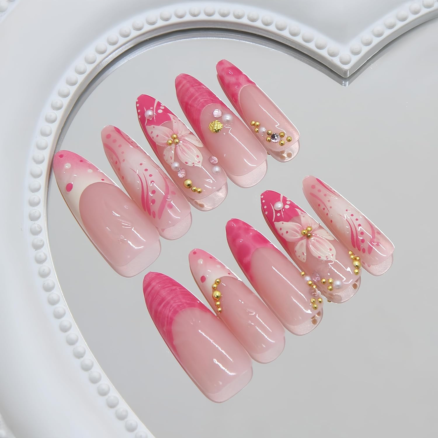 24Pcs Pink Flower Press on Nails Long Almond French Tip Fake Nails with 3D Gold