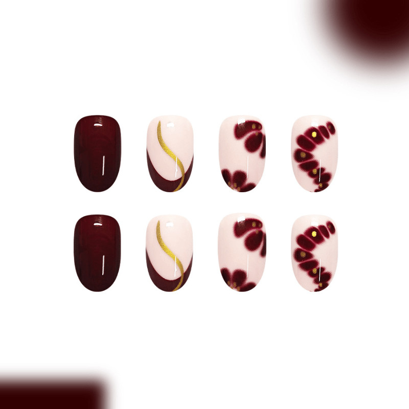 48Pcs-Short Oval Burgundy Blush Gradient Gold Line Tiny Bead Fake Press on Nails