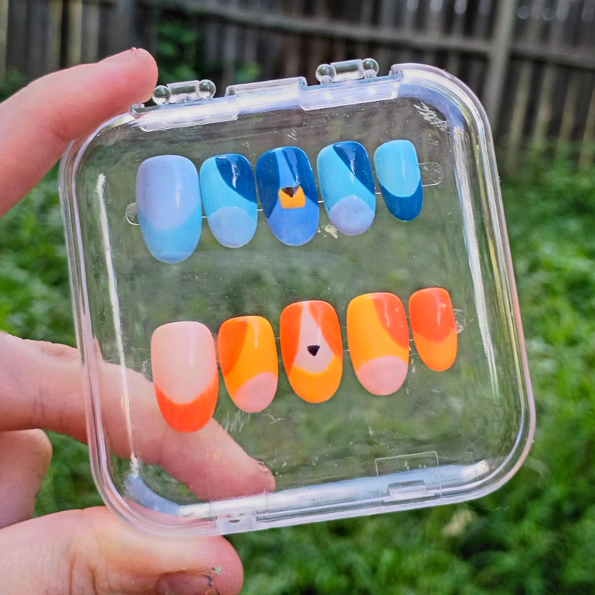 Short Oval Press-On Nails French Rainbow Pre-Designed Blue Orange White