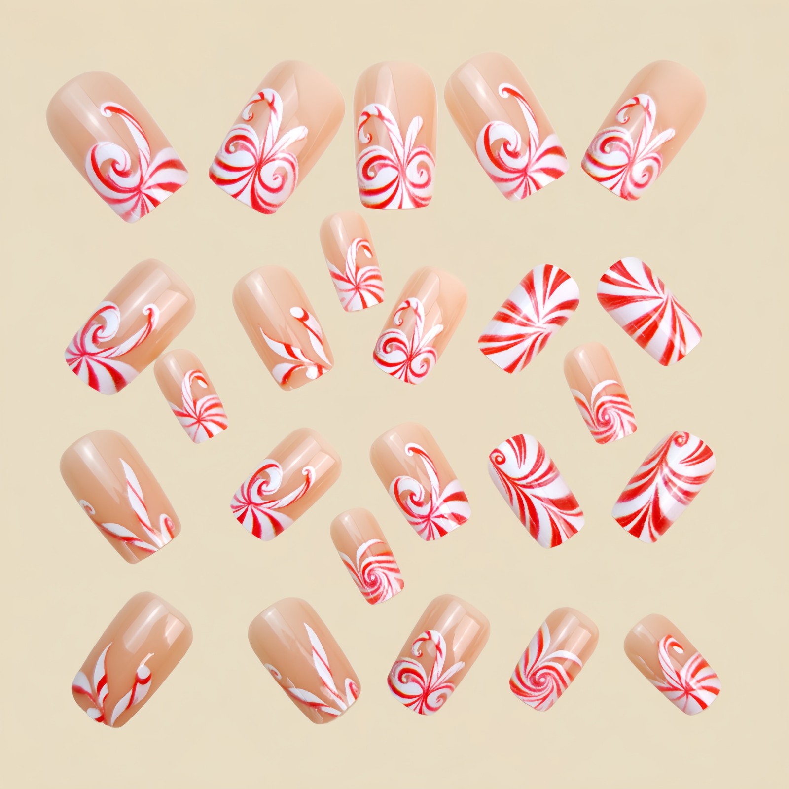 48pcs Christmas Peppermint Swirl Press On Nails Red White Festive Fake Nails