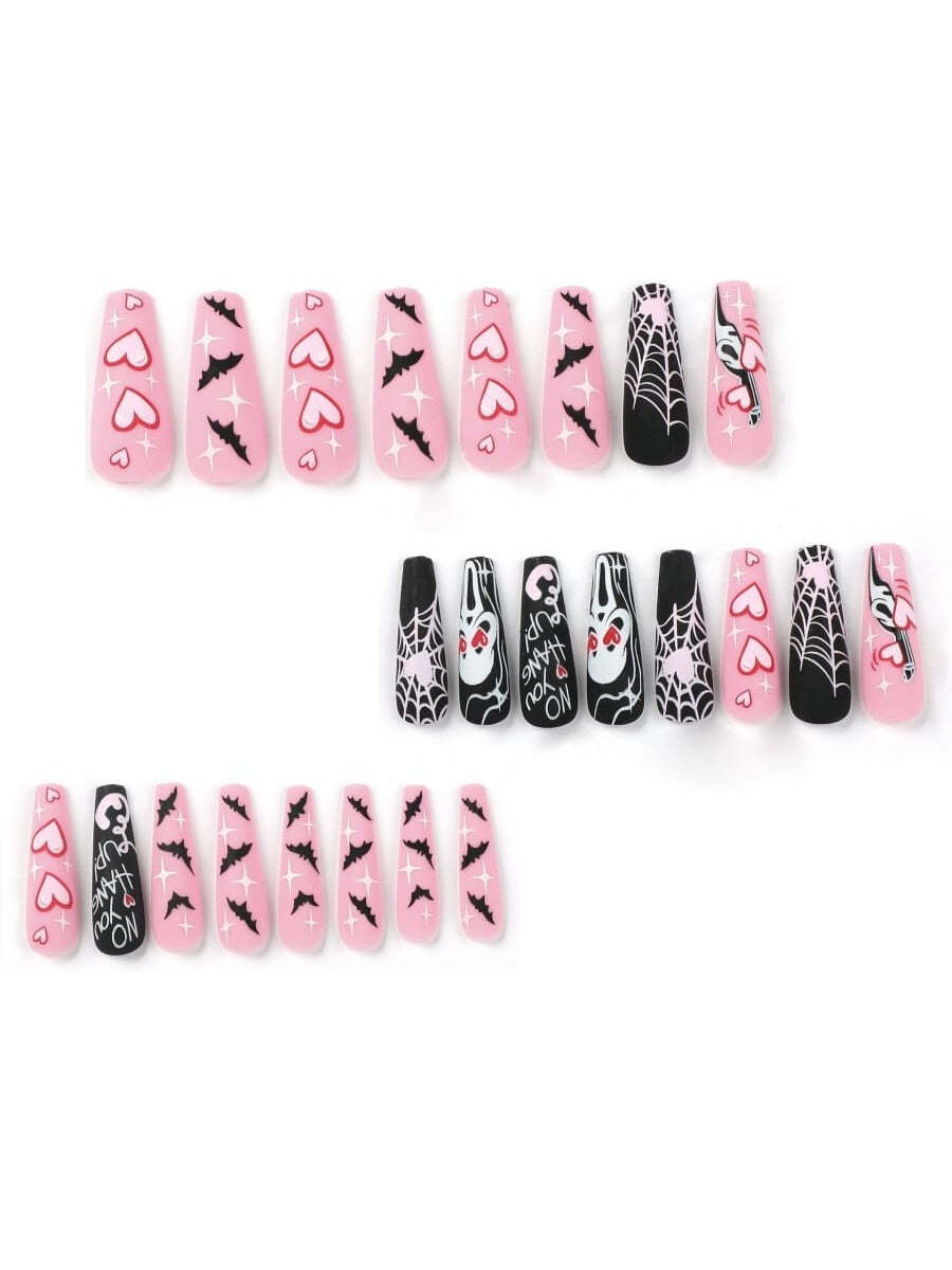 24pcs/set Halloween False Nails Heart, Spiderweb, Bat, Ghost Fake Nails for