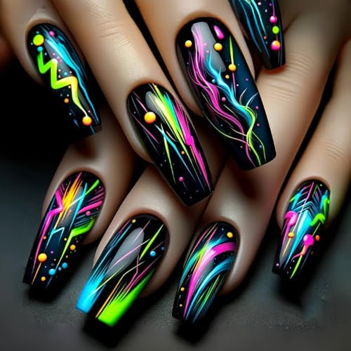 Color MIXFOSAHN Press on Nails Medium Coffin Fake Nails Black Color Artistic5