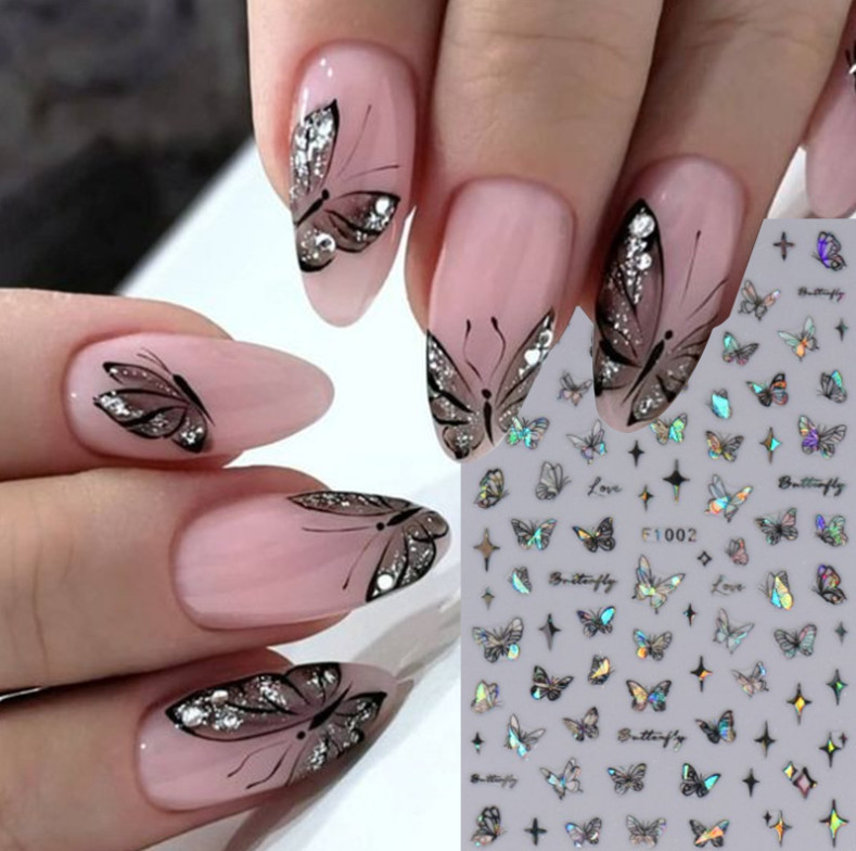 3 or 4Pcs Holographic Laser Pink Black Butterfly Star French Nail Stickers NS20