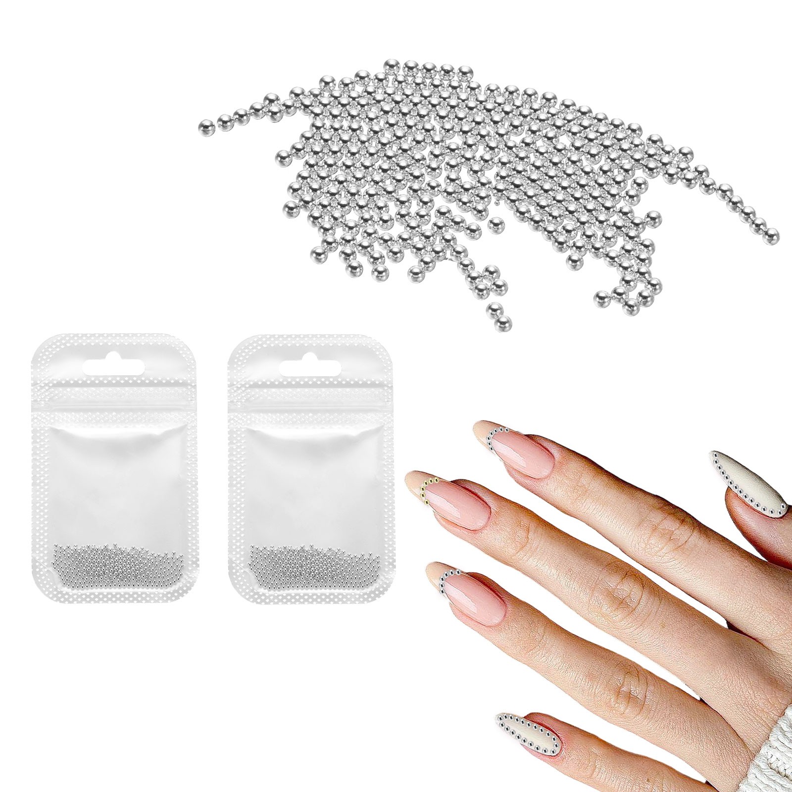 2pcs Nail Art Beads 0.06″ Mini Metal Caviar Nails Beads Ball with Bag Silver]