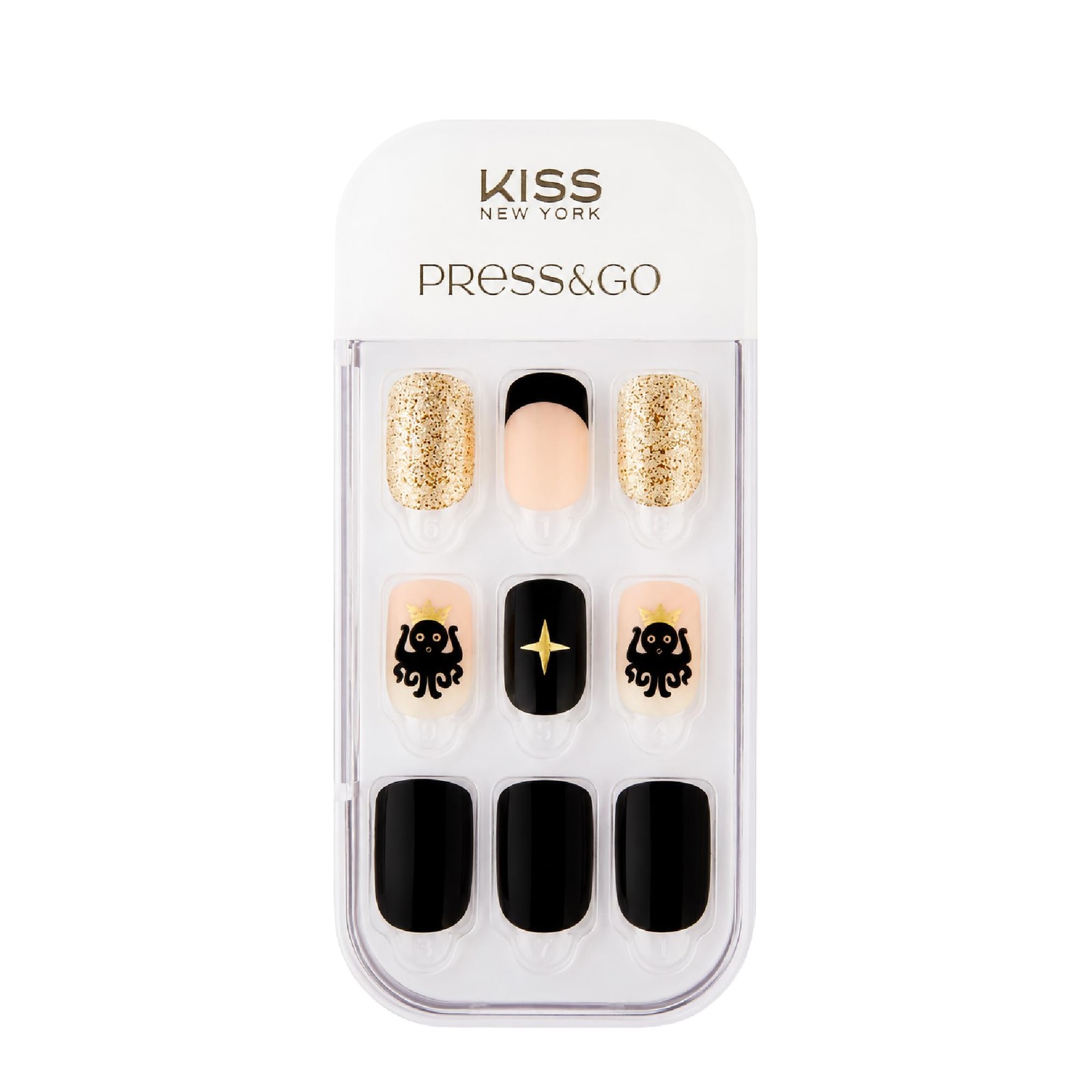 NEW YORK Press&Go Press-On Manicure Fake Nails, Gold Glitter Black French Tip…
