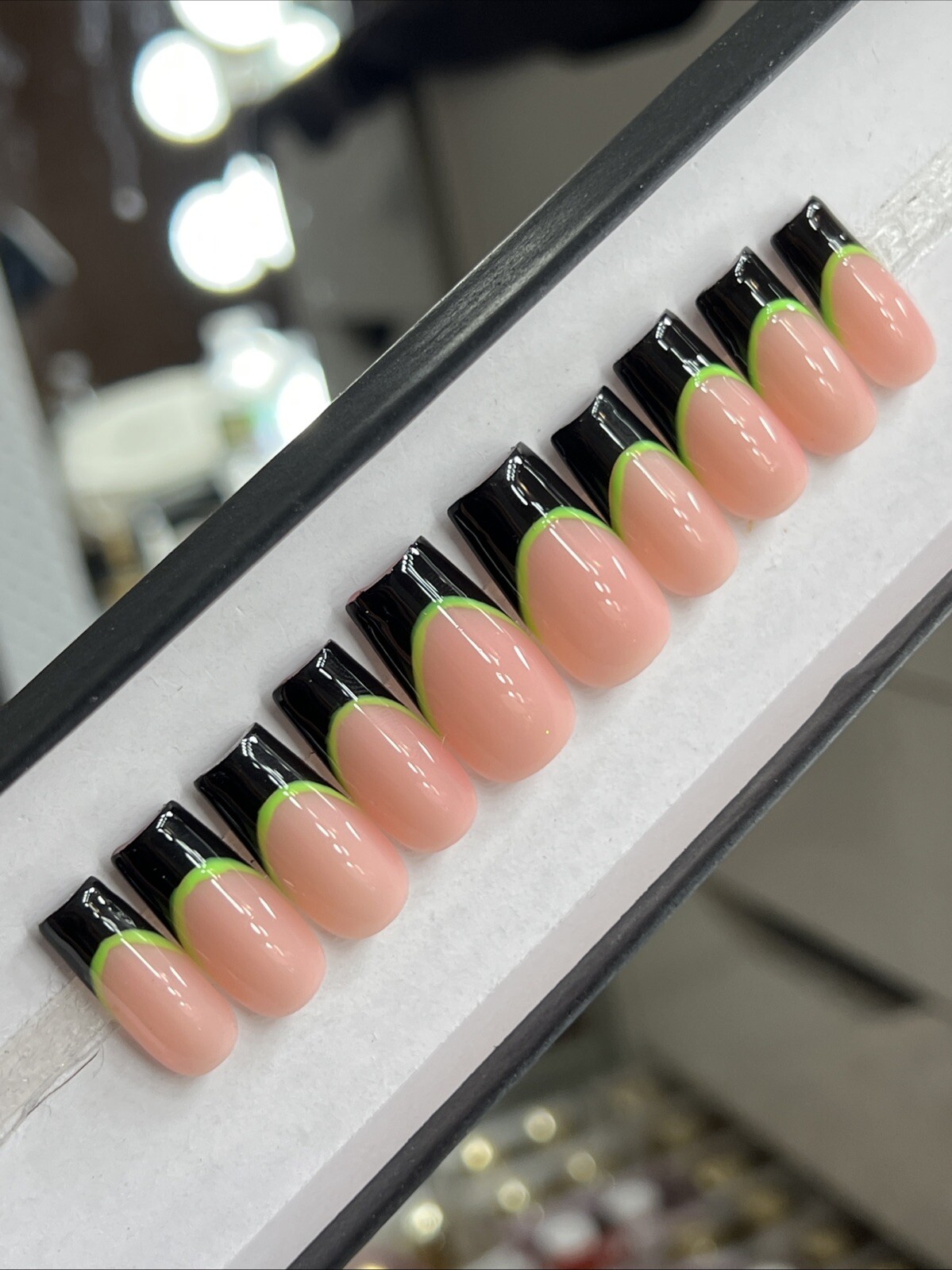 💚🖤 CUSTOM Press On Nails FRENCH BLACK GREEN BLING 10p SET W Kit