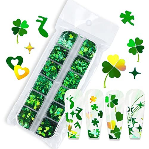 Nail Art Glitter Green Sequins 3D Holographic Laser Hearts Stars Leaves
