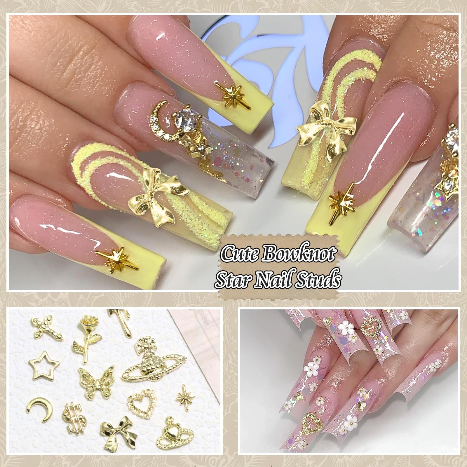 120PCS Gold Nail Charms 3D Bow Butterfly Charms for Nails 12 Styles Nail Jewe…