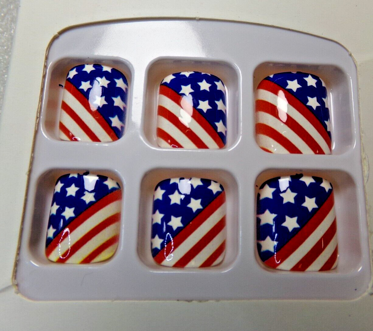 Beautiful Nail Toenails Glue ON -Shiny Red White & Blue American Flag Red Stars