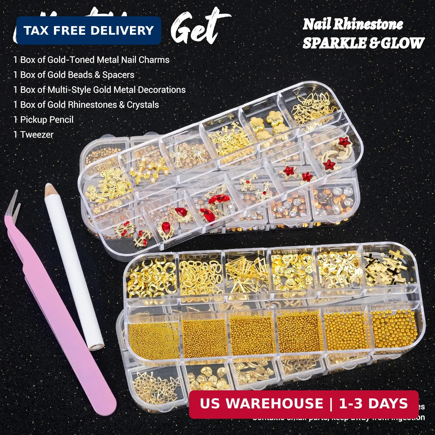 Gold Nail Charms and Nail Gems with 4 Boxes of Rhinestones 3D Metal for Nail Art