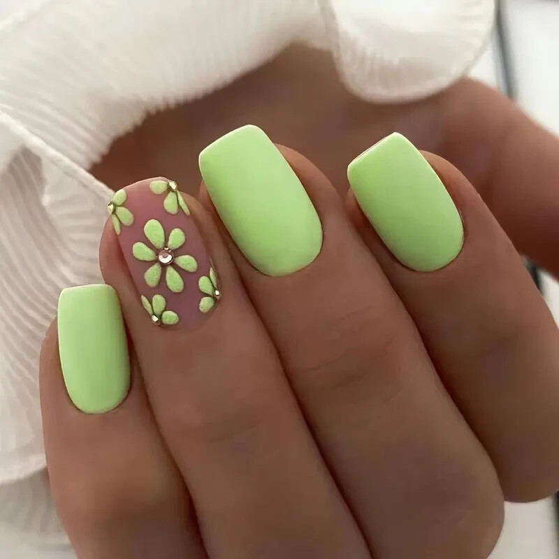24pcs/set Summer Press On Nails Medium Square Fake Nail Art Green Solid Color