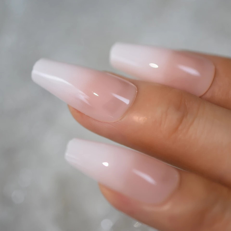 24 Press on nails kit w glue Long Coffin French tip ombre white nude
