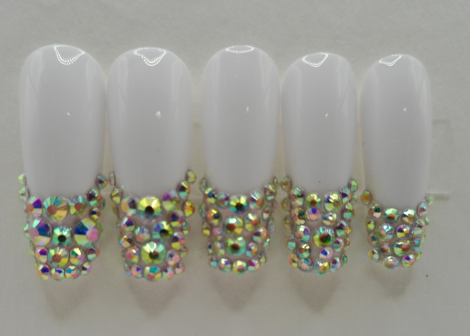Long Coffin Press-On Nails, White with Aurora Gems – Large