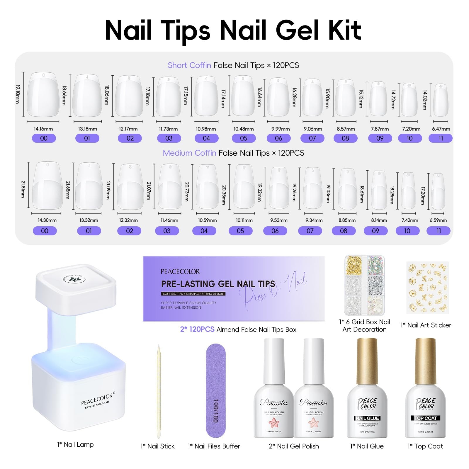 Gel Nail Kit, 240Pcs Short Medium Coffin Nail Tips with U V Lamp 2 Colors Jel…