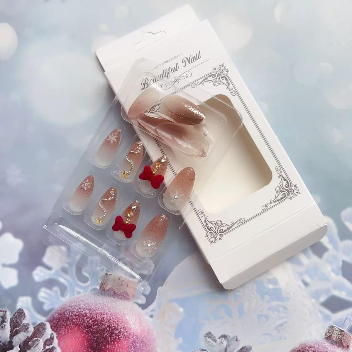 24Pcs Christmas Press on Nails Short Almond Brown Ombre Fake Nails with 3D Bo…