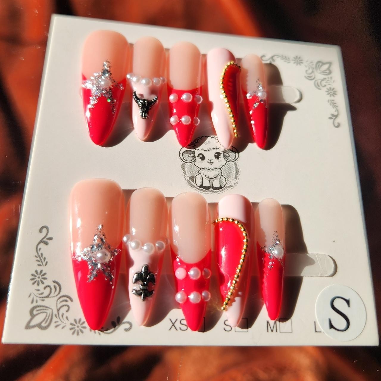 Pink, Red, & Pearl French Tip 3.0 Stiletto Press On Nails. Size Small.
