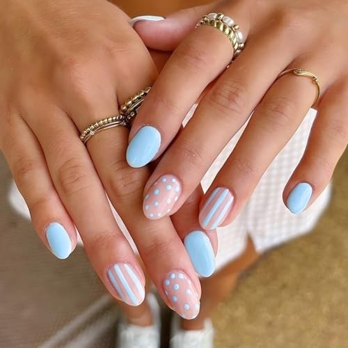 Blue Press on False Nails Oval – Polka Dot & Striped Design – Color31