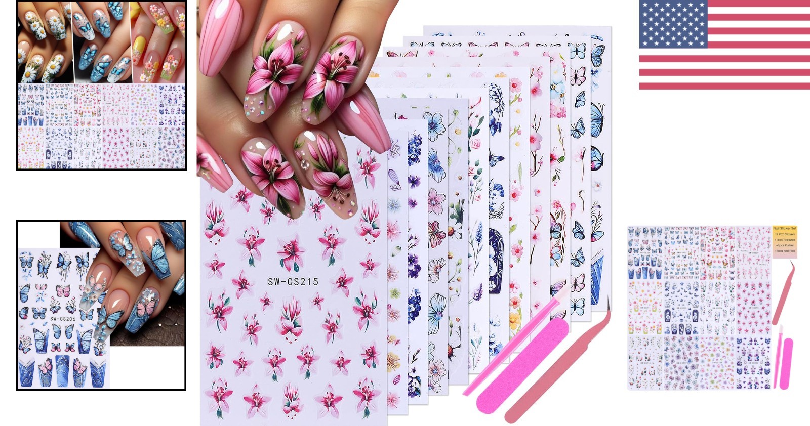 Colorful Flower Nail Art Decals 12 Sheets with Tweezers for Spring Nails