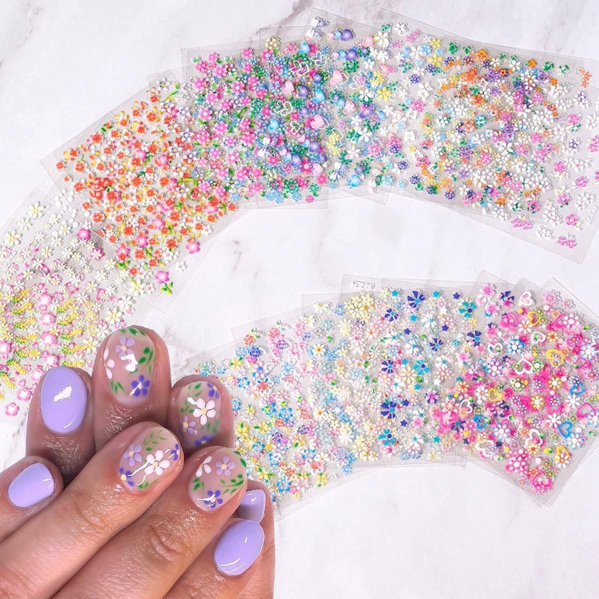 Self-Adhesive Nail Art Stickers with Colorful Floral Patterns and Hearts