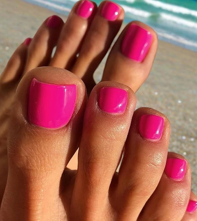 Morily Hot Pink Press on Toenails Short Square Fake Toenails Glossy Acrylic Toe