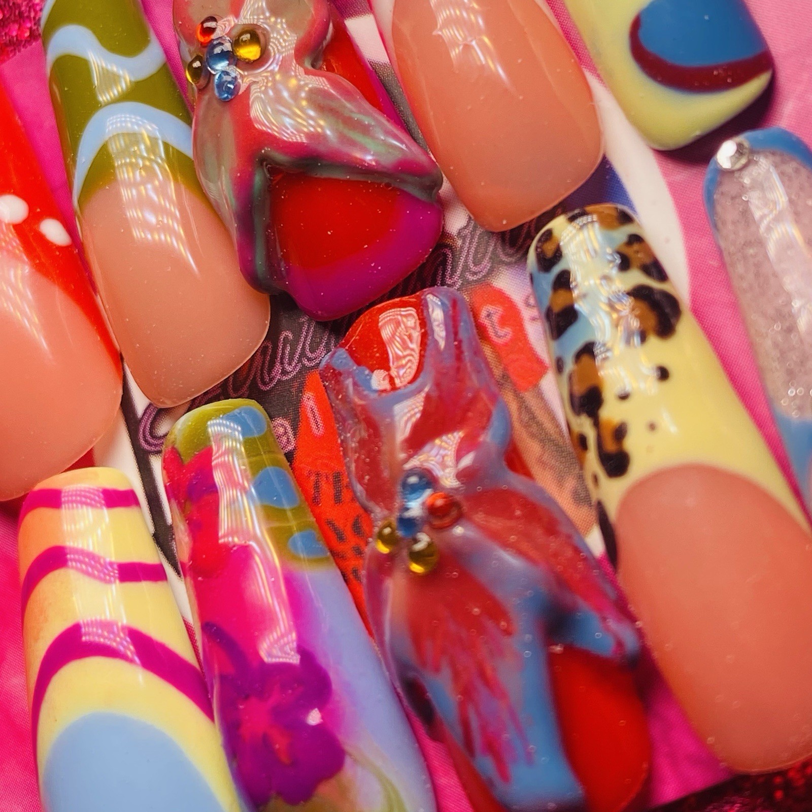 Authentic Nail Arts by Dia Long Coffin Press-On Nails Multicolor 3D Shiny