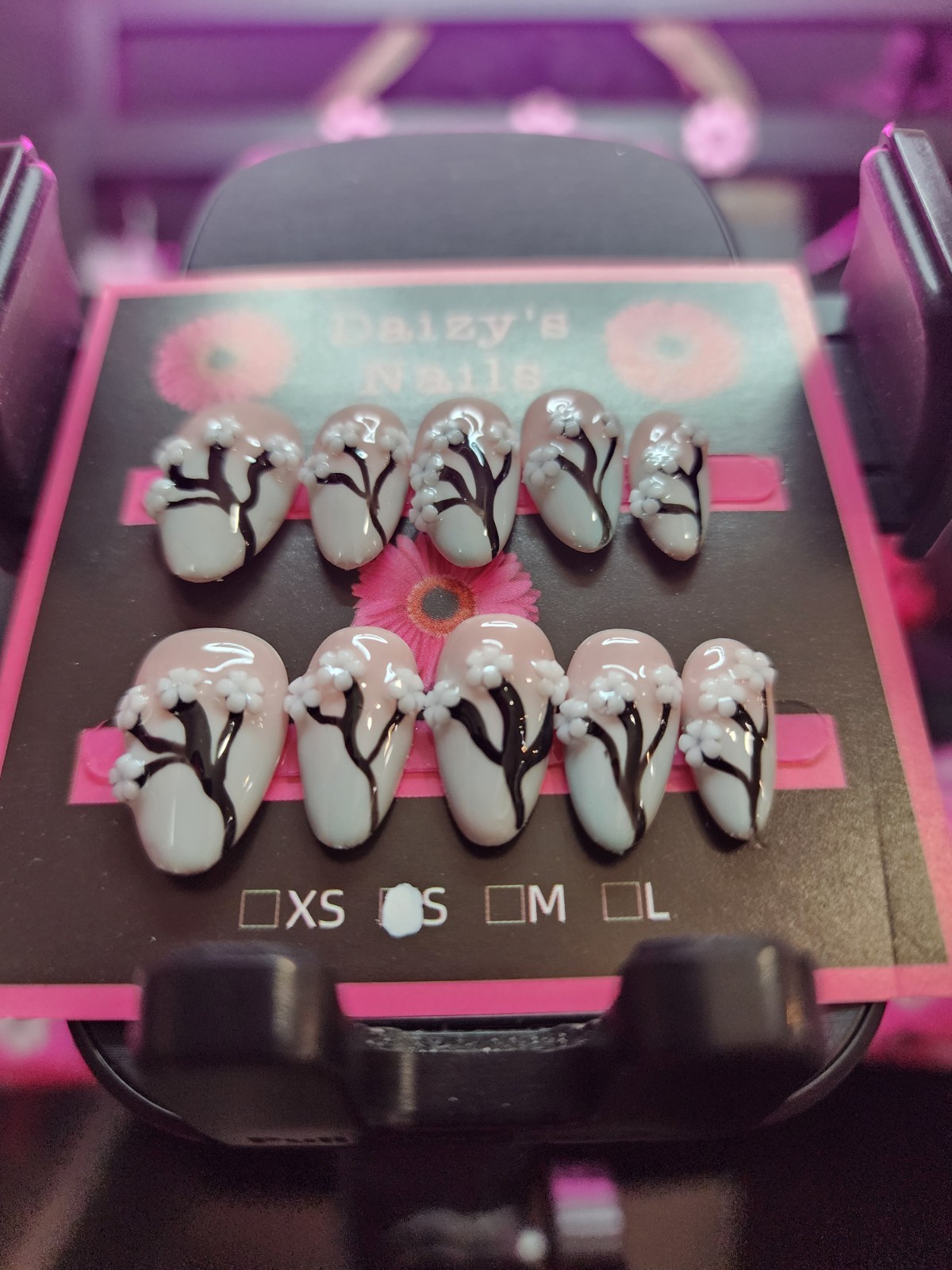 Small Size Grey Cherry Blossom Press-on Nail Set Handmade Almond 2.0 Cm Length