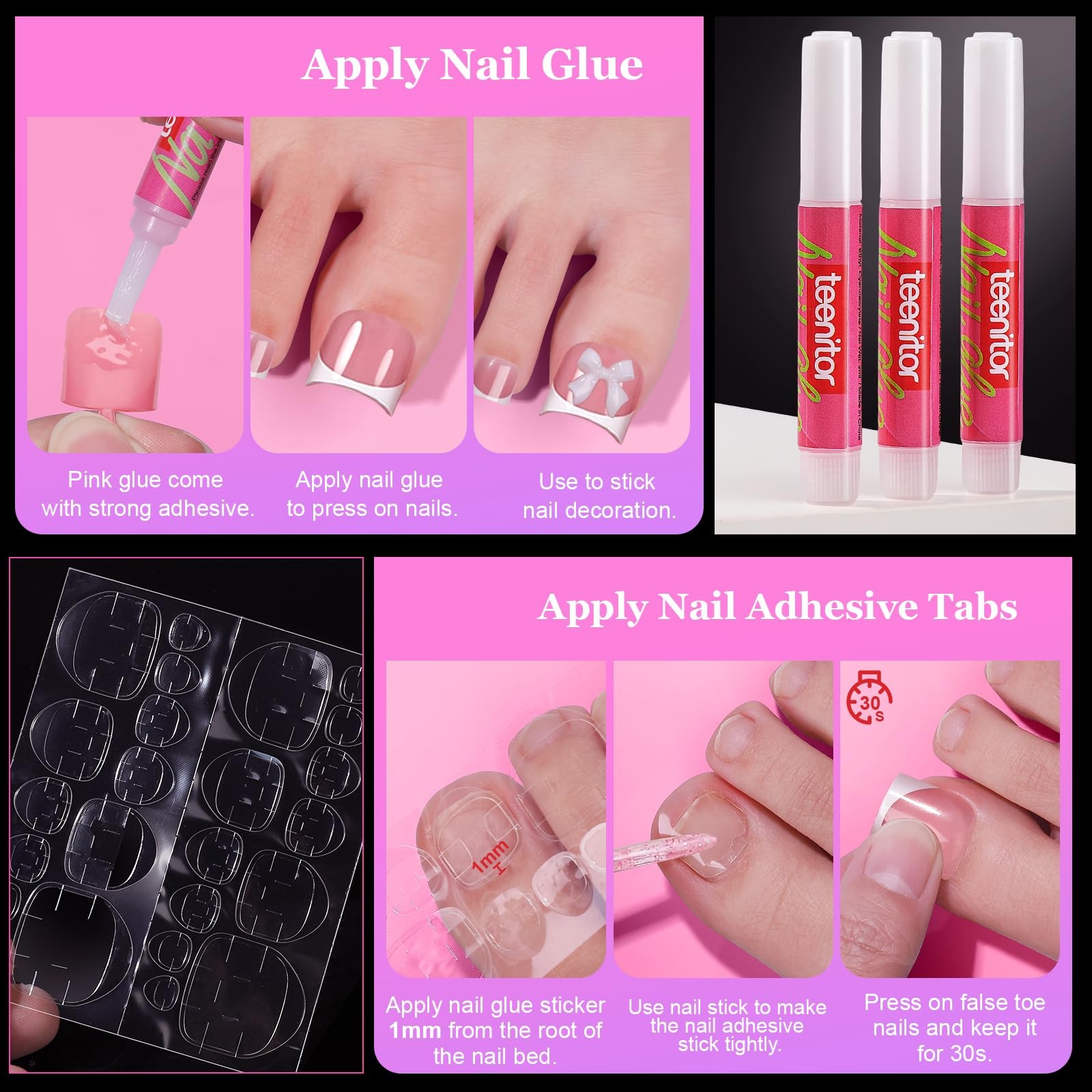 Teenitor Square Toe Nail Press Ons, 150pcs Large, Pink French with White