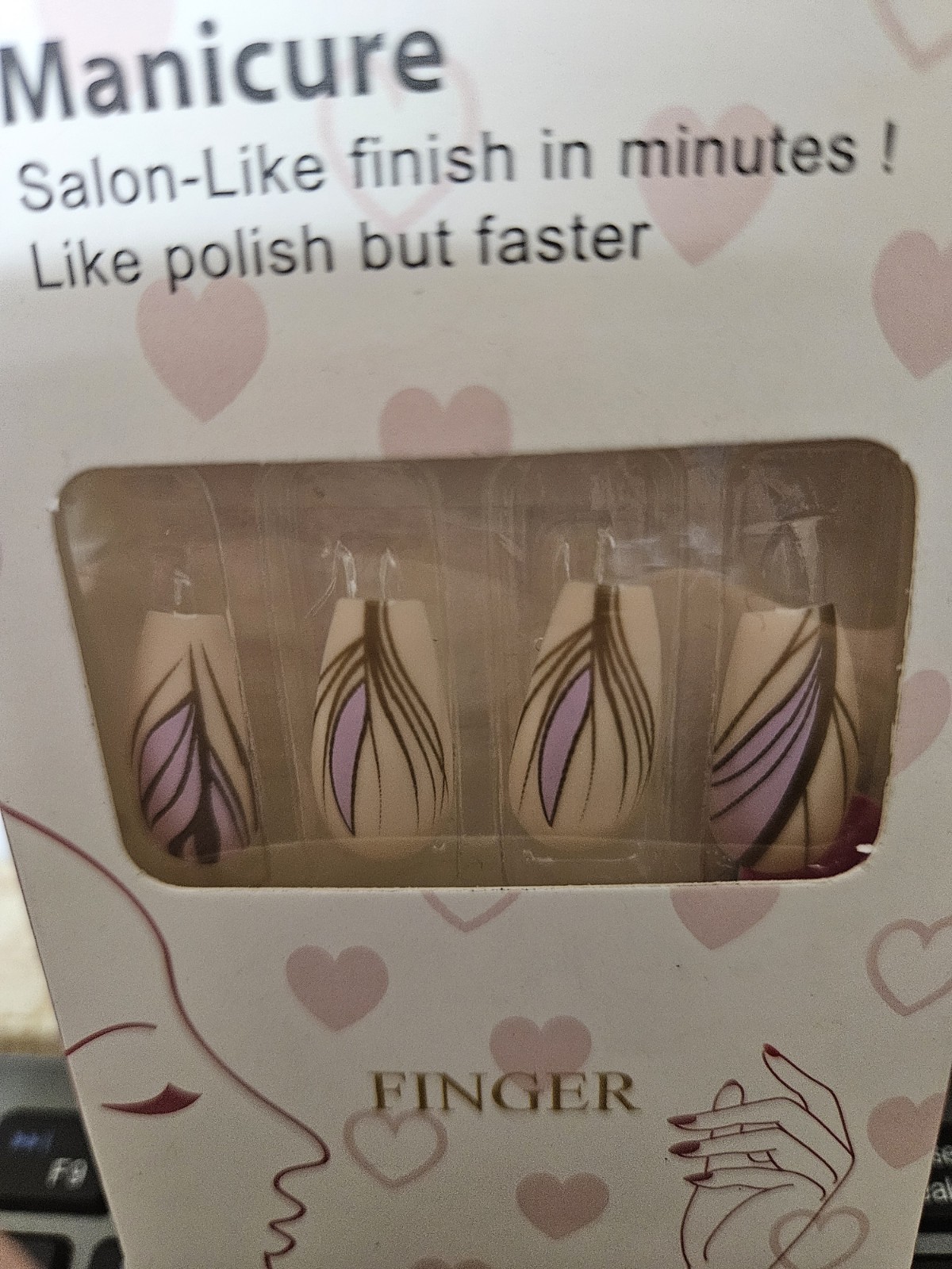 24 Pcs Press-on Nails – Medium Coffin Glossy – White & Purple w/Matte Gold Lines