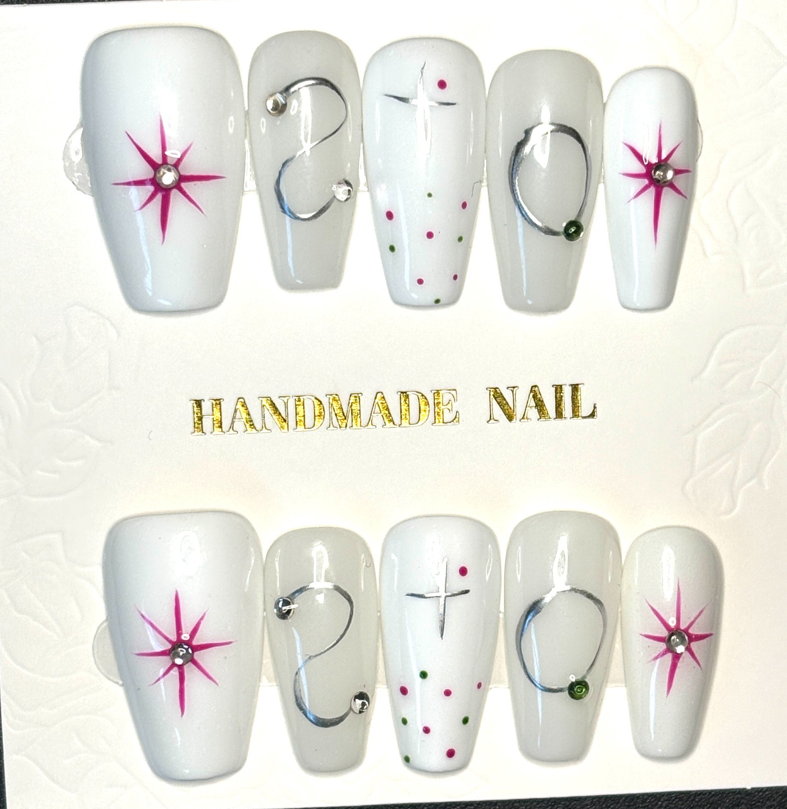 Y2K Celestial Starburst & Gem White Medium Coffin Press On Nails Size L