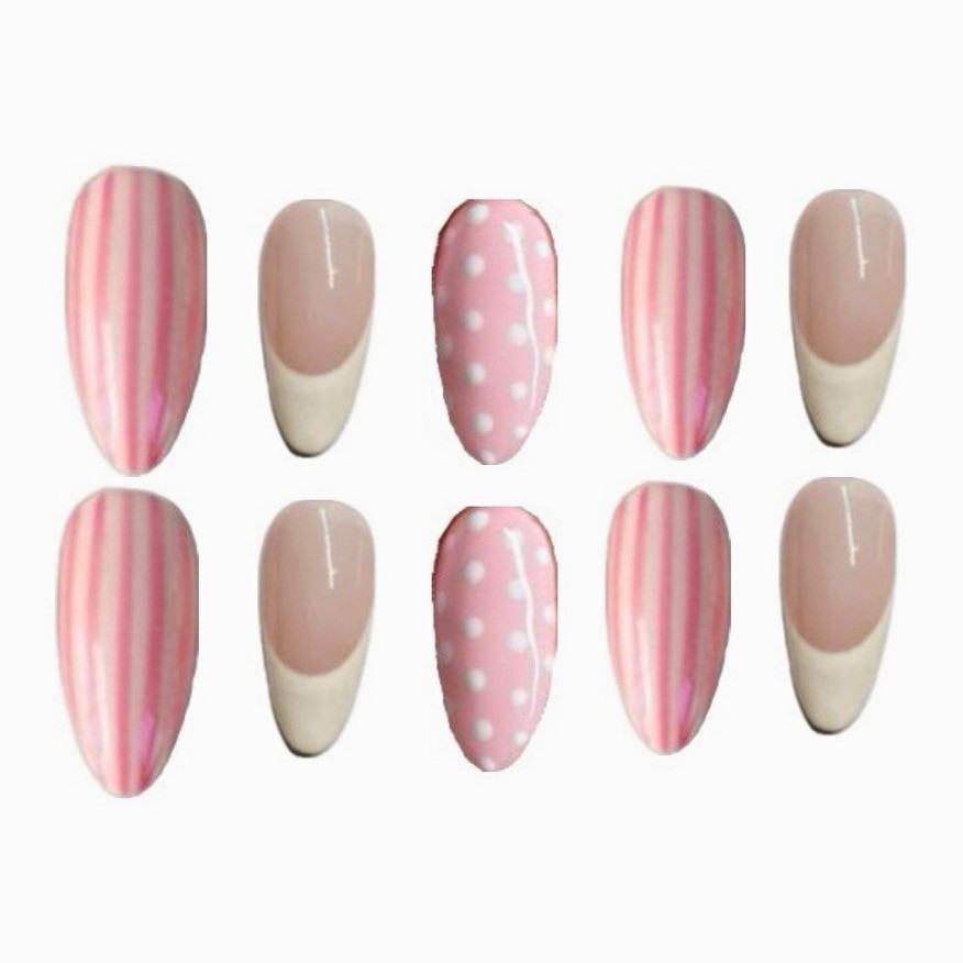 Medium Almond Press-On Nails Pink White Glossy Full Cover Polka Dot Design