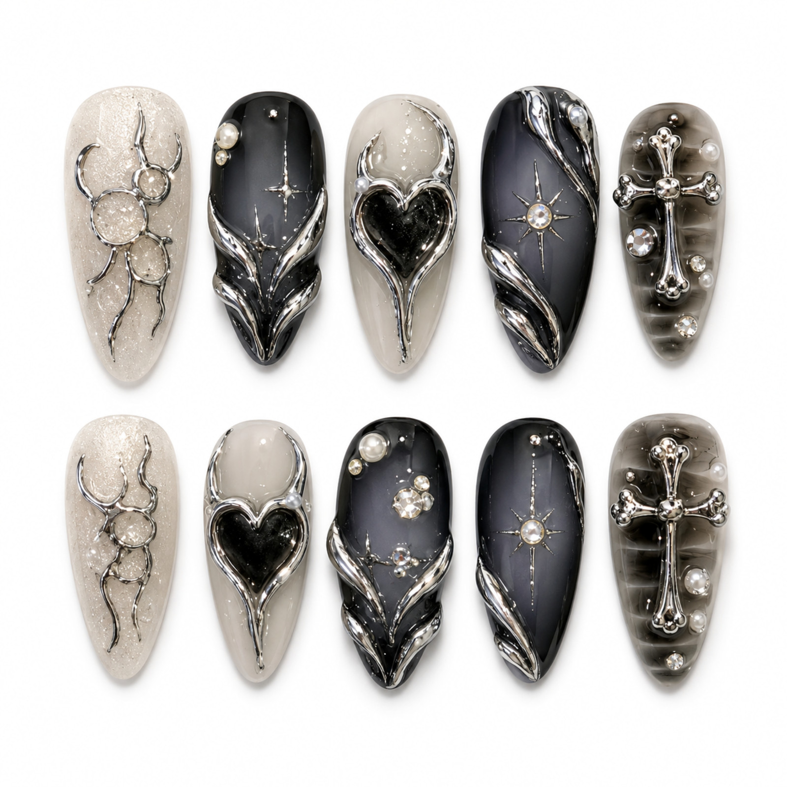 Handmade Gothic Black Silver 3D Cross Heart Press On Nails Set