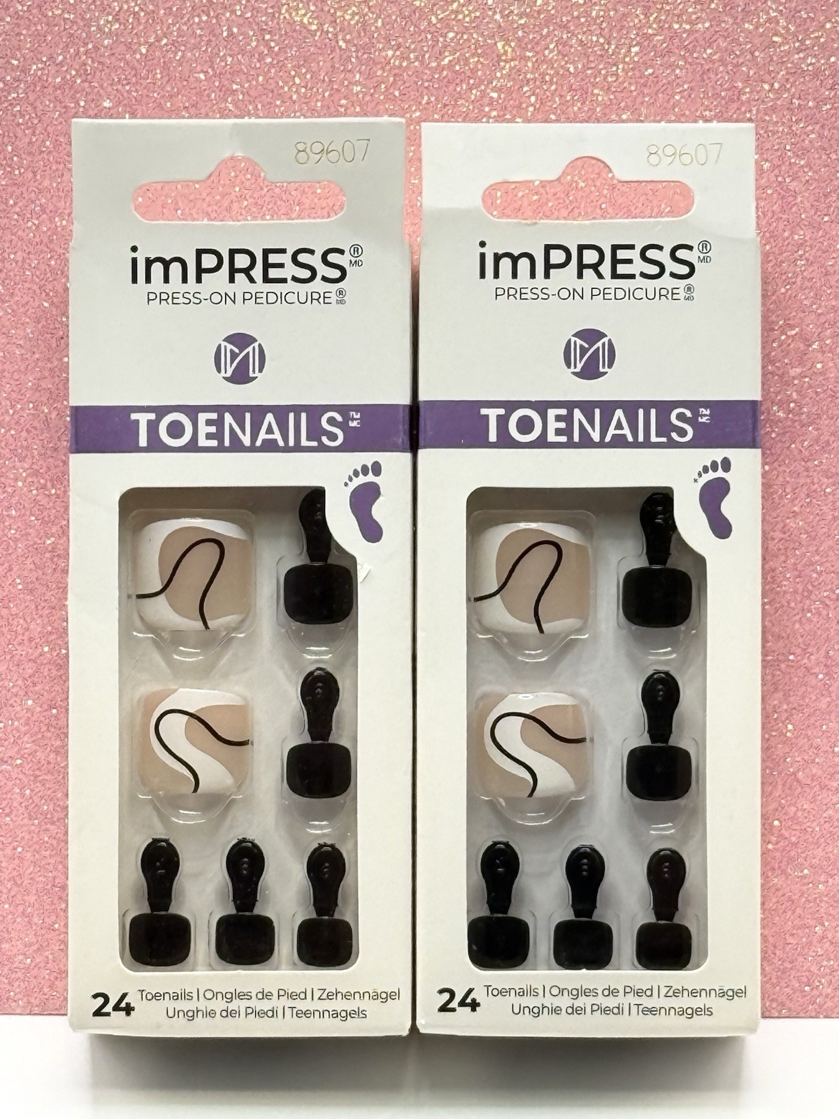 Kiss ImPRESS Press-On Pedicure Toenails Black White Swirl 89607 Lot Of 2